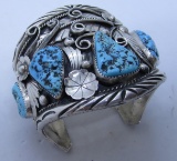 SIGNED DD NAVAJO TURQUOISE STERLING CUFF BRACELET