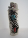 SIGNED JS TURQUOISE CORAL LIGHTER STERLING SILVER