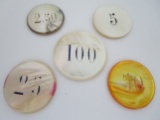 ANTIQUE MOP CASINO CHIPS 100, 50, 25, 5, 2.50