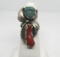 RED CORAL TURQUOISE STERLING SILVER NAVAJO RING