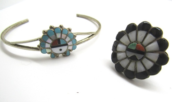 TURQUOISE SUNFACE RING & BRACELET STERLING SILVER
