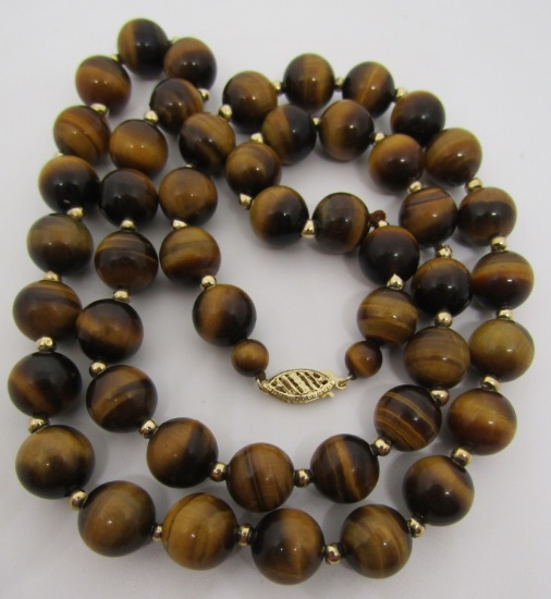 10MM TIGEREYE BEAD NECKLACE 14K GOLD 22"