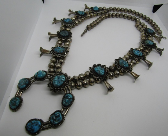 STERLING SILVER TURQUOISE SQUASH BLOSSOM NECKLACE
