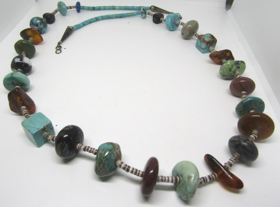 29" MULTI TURQUOISE AMBER NECKLACE STERLING SILVER