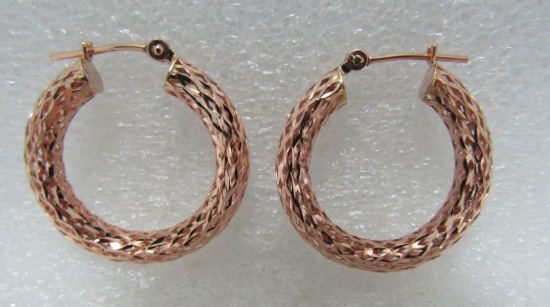 14K ROSE GOLD FILIGREE HOOP EARRINGS DIAMOND CUT