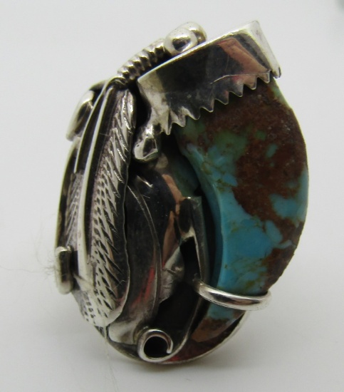 SIGNED "M" TURQUOISE CLAW RING STERLING SILVER