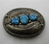 SIGNED LEE THOMPSON STERLING TURQUOISE BELT BUCKLE