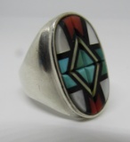 TURQUOISE CORAL RING STERLING SILVER INLAY MOP JET
