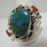 RUNNING BEAR CORAL TURQUOISE RING STERLING SILVER
