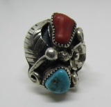 HELEN LONG TURQUOISE CORAL RING STERLING SILVER