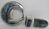 3PC SPIDERWEB TURQUOISE BELT BUCKLE STERLING INLAY