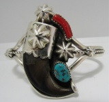 BEAR CLAW TURQUOISE CORAL CUFF BRACELET STERLING