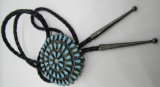 CARVED TURQUOISE BOLO TIE NECKLACE STERLING SILVER