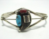 SIGNED E TURQUOISE CORAL CLAW STERLING BRACELET