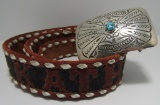 TURQUOISE STERLING BUCKLE TOOLED LEATHER BELT KATH
