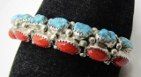 CORAL & TURQUOISE CUFF BRACELET STERLING SILVER