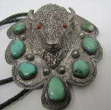 MARK SD TURQUOISE BUFFALO BOLO TIE STERLING SILVER