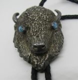 TURQUOISE BISON BOLO TIE NECKLACE STERLING SILVER