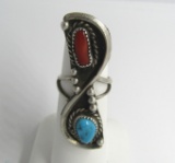 TURQUOISE RED CORAL STERLING SILVER NAVAJO RING