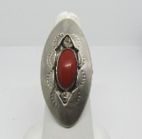 SIGNED RED CORAL SHADOW BOX STERLING SILVER RING