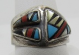 ZUNI INLAY TURQUOISE RING STERLING SILVER