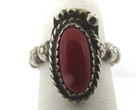 GEM OX BLOOD RED CORAL RING STERLING SILVER