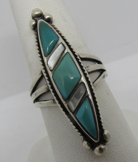 INLAY GEM TURQUOISE MOP RING STERLING SILVER