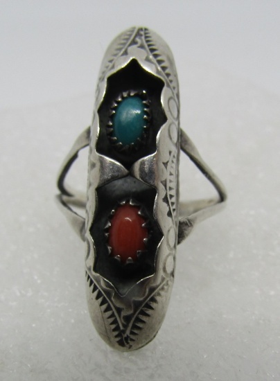 TURQUOISE CORAL SHADOWBOX RING STERLING SILVER