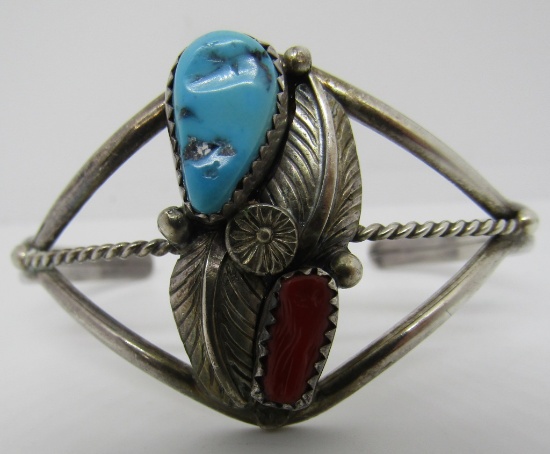 TURQUOISE CORAL CUFF BRACELET STERLING SILVER