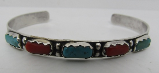 CHEAMA TURQUOISE CORAL CUFF BRACELET STERLING SILV