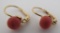 CORAL EARRINGS 18K GOLD FRENCH BACK PIERCED