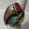 STERLING BEAR CLAW TURQUOISE RED CORAL MANS RING
