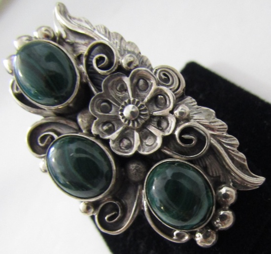 SQUASH BLOSSOM LEE MALACHITE RING STERLING SILVER