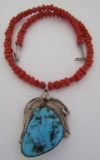 SIGNED TURQUOISE SQUASH BLOSSOM CORAL NECKLACE