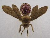 RUBY FLY PIN 18K GOLD BROOCH 750 INSECT BEE BUG
