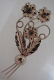 BLUE FLORAL PIN GOLD ON STERLING SILVER BROOCH MCM