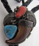 TOM BEAR CLAW TURQUOISE CORAL BOLO TIE NECKLACE