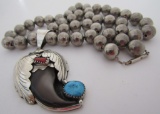 ES BEAR CLAW TURQUOISE BEAD NECKLACE STERLIN SILVE