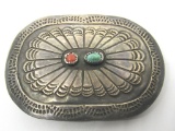 OLD PAWN RED CORAL TURQUOISE STERLING BELT BUCKLE