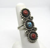 NAVAJO TURQUOISE RED CORAL STERLING SILVER RING