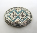 SIGNED CORAL TURQUOISE STERLING SILVER BELT BUCKLE