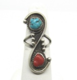 VINTAGE NAVAJO RED CORAL TURQUOISE STERLING RING
