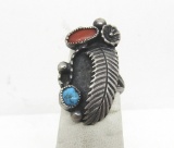 VINTAGE RED CORAL TURQUOISE STERLING FEATHER RING