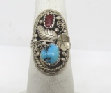 SIGNED MW RED CORAL TURQUOISE STERLING RING