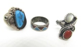 3 VINTAGE RING LOT TURQUOISE RED CORAL MOP