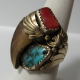 STERLING BEAR CLAW TURQUOISE RED CORAL MANS RING