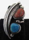 TURQUOISE CORAL FEATHER RING STERLING SILVER