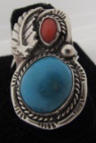 TURQUOISE CORAL RING STERLING SILVER SQUASH BLOSSO