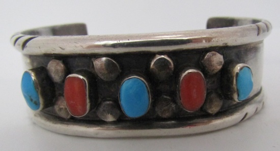 TURQUOISE CORAL CUFF BRACELET STERLING SILVER