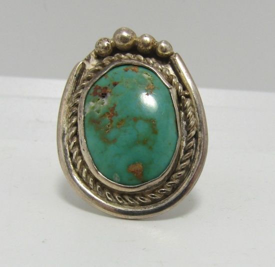 LARGE UNSIGNED STERLING SILVER TURQUOISE RING SZ9